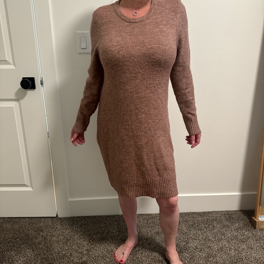 Elegant Tan Long Sleeve Sweater Dress